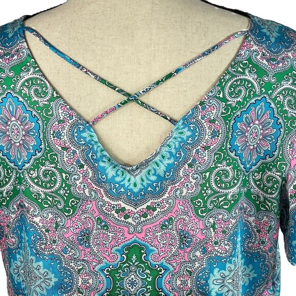 Talbots Petite Medium PM Top Geometric Flutter Sleeves Lightweight Scoop Neck - Picture 6 of 10